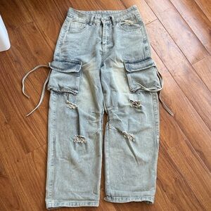 Washed Light Blue Cargo Distressed Jeans